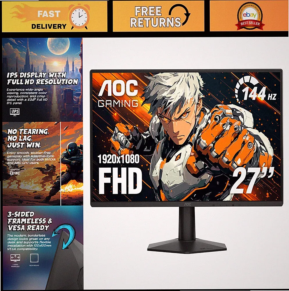 27" FHD Gaming Monitor 144Hz Fast IPS 0.5ms HDR, Adaptive-Sync, VESA Mount, Cons