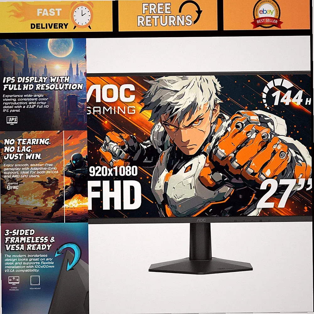27" FHD Gaming Monitor, 144Hz Fast IPS, 0.5ms Response Time, HDR, Ultra-Slim
