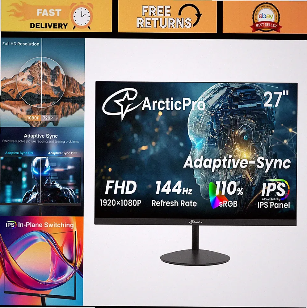 27" Gaming Monitor 144Hz FHD 1080p IPS, Adaptive Sync, 1ms, Ultra Slim, VESA, HD