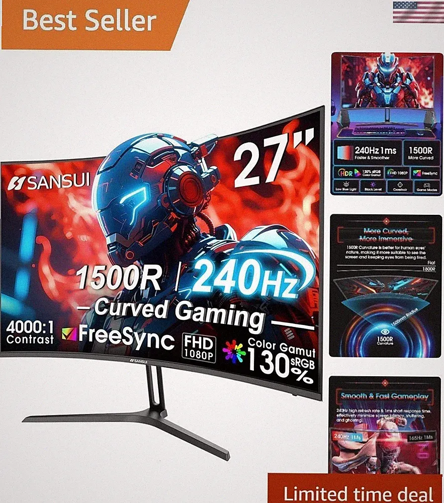 27 Inch Curved 240Hz Gaming Monitor FHD 1080P, 1500R Curve Computer Monitor,...