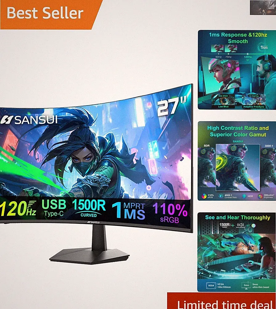 27-Inch Curved Computer Monitor - Stunning 120Hz Refresh Rate & HDR Excellence