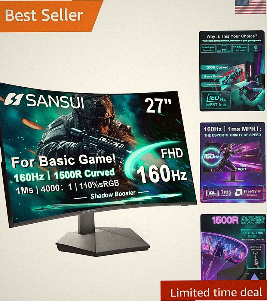 27 Inch Curved Gaming Monitor, 160Hz 144Hz FHD 1080P, 1500R Curved PC Compute...
