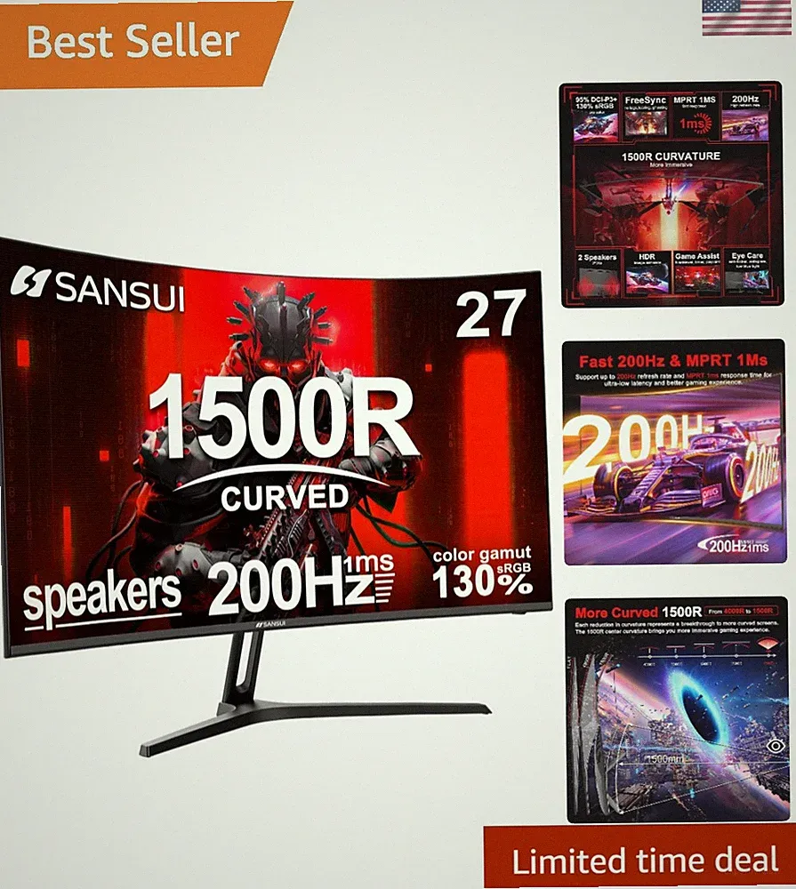 27 Inch Curved Gaming Monitor 200Hz 1ms with Speakers FHD 1080P Computer Moni...