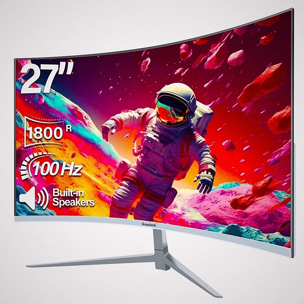 27 Inch Curved Monitor 100Hz, PC White Computer Gaming Monitor FHD 1080P, 1800R