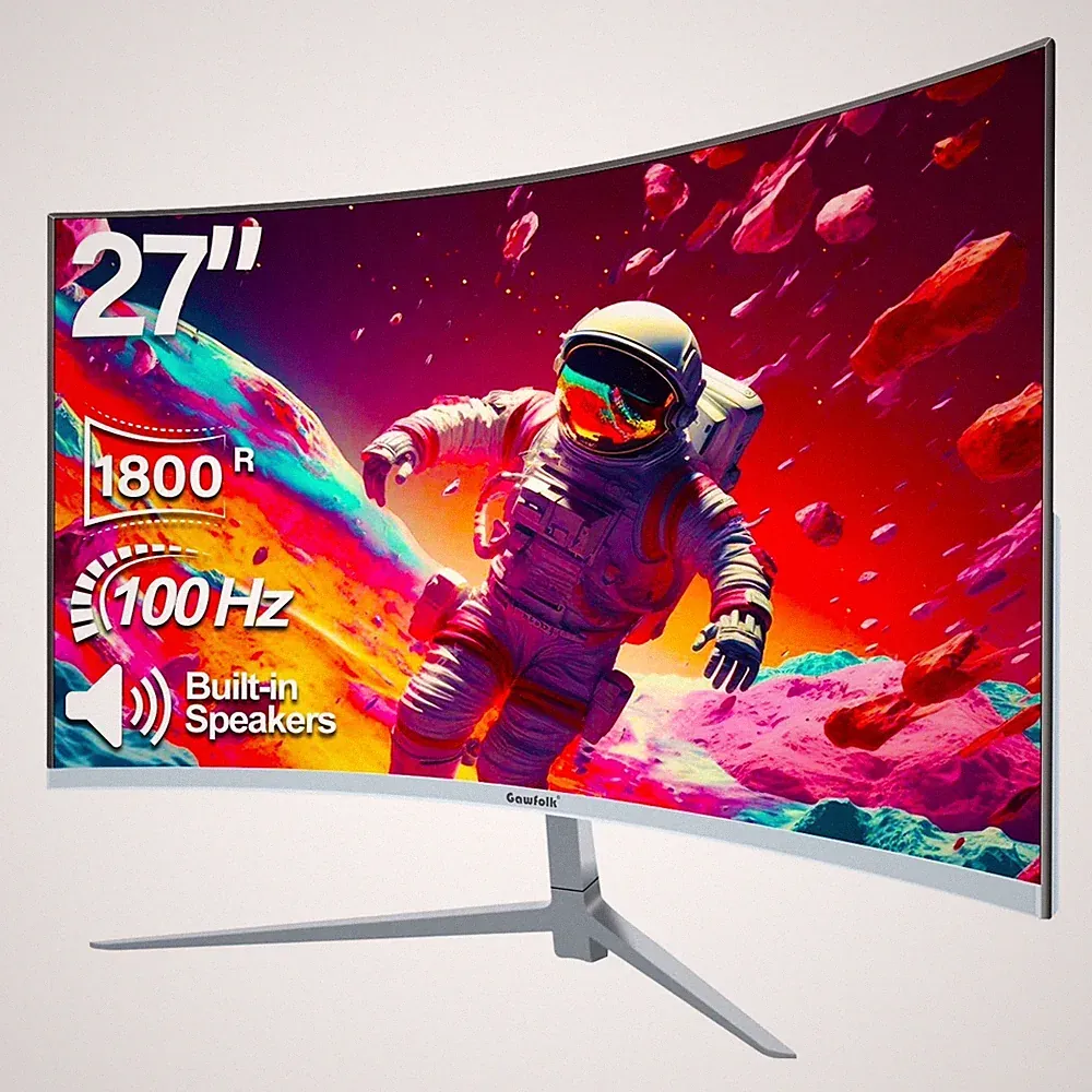 27 Inch Curved Monitor 100Hz, PC White Computer Gaming Monitor FHD 1080P, 1800R