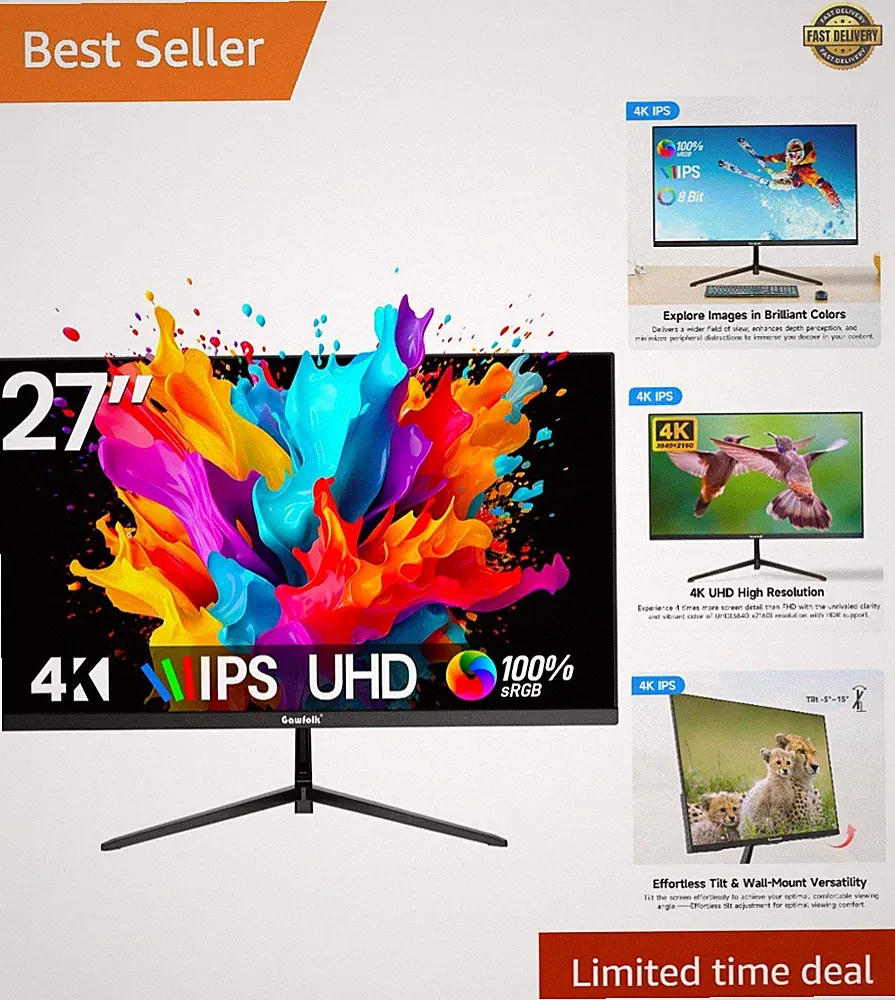 27 Inch Frameless 4K UHD Monitor - 178° Viewing Angle, Ideal for Home & Office