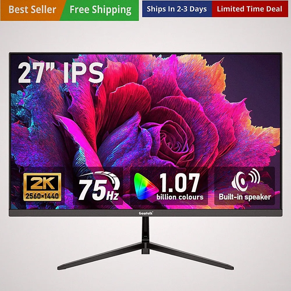 27 inch IPS 2K QHD 2560×1440 Computer Monitor 75Hz Gaming PC Screen, 1ms，Adap...