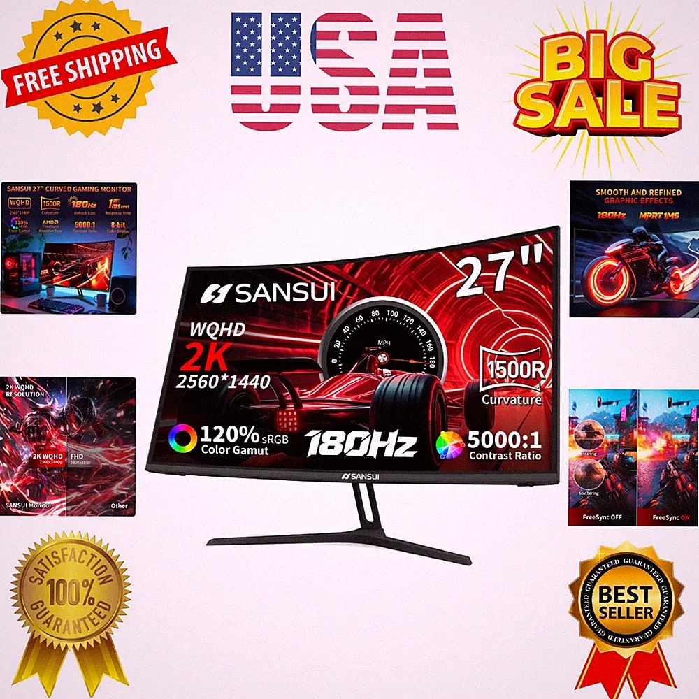 27 Inch WQHD 2560X1440 Curved Gaming Monitor, 180Hz MPRT 1ms Computer Monitor...