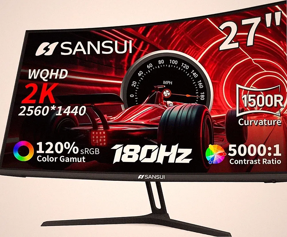 27 Inch WQHD 2560X1440 Curved Gaming Monitor, 180Hz MPRT 1ms Sansui