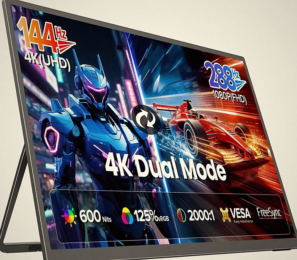 27" Portable 4K UHD Gaming Monitor, 144Hz, USB-C, HDMI, Dual Mode, 0.1ms