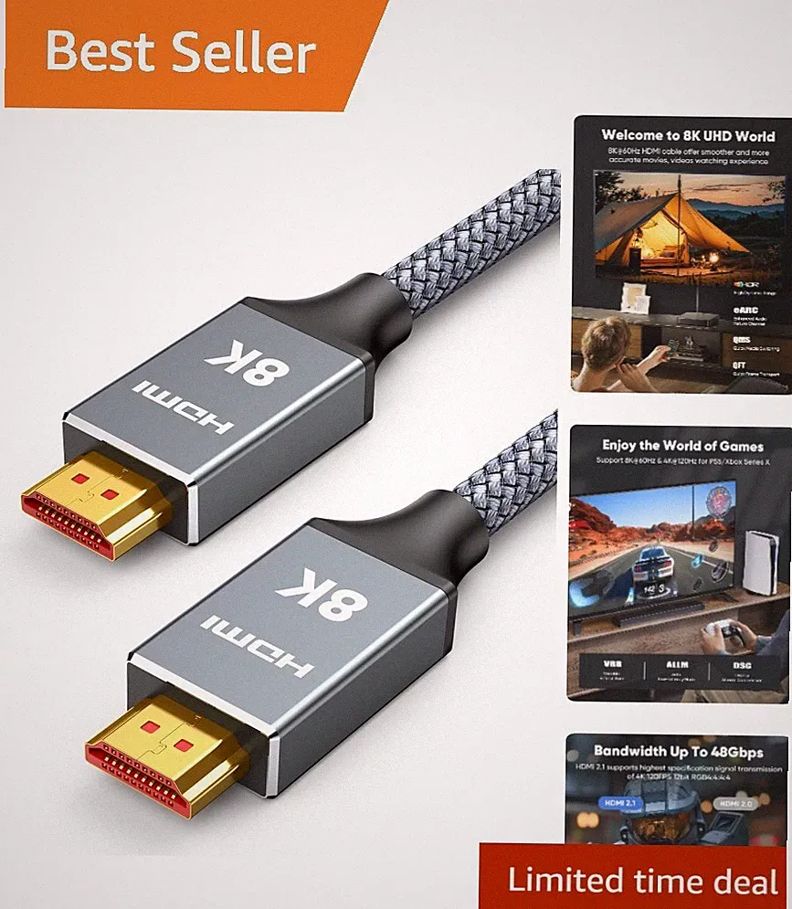 2ft 8K 4K@120Hz HDMI Cable 2.1, 48Gbps High Speed Cord | for PS5/4, TV, Gamin...