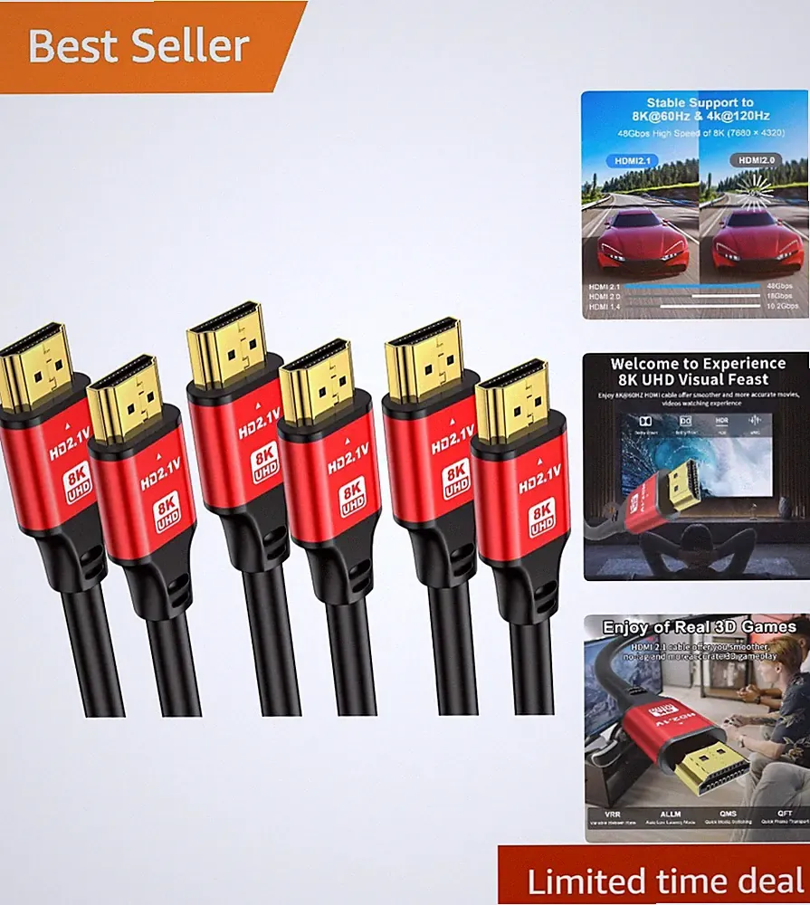 3-Pack 6FT HDMI 2.1 Cable 48Gbps Red for 8K60Hz & 4K120Hz Gaming Systems