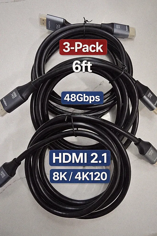 3-Pack HDMI 2.1 Cable 6ft 48Gbps 8K@60Hz 4K@120Hz eARC (3 Cables) PS5, xBOX