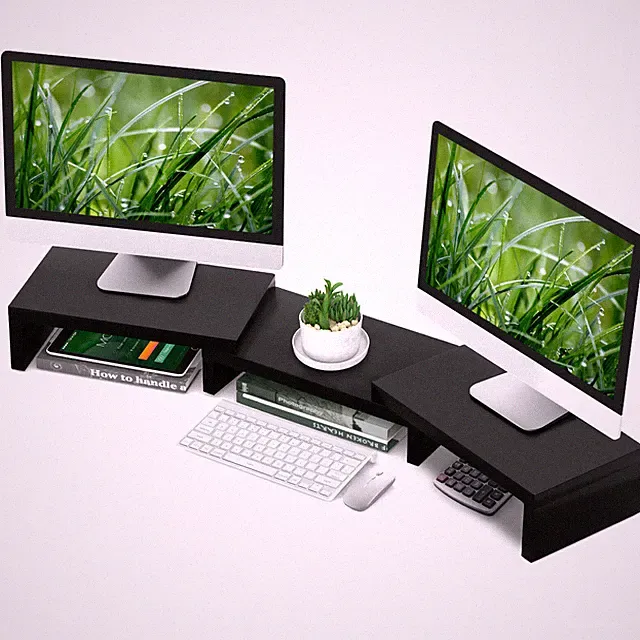 3 Wood Dual Monitor Stand Risers with Length and Angle Adjustable