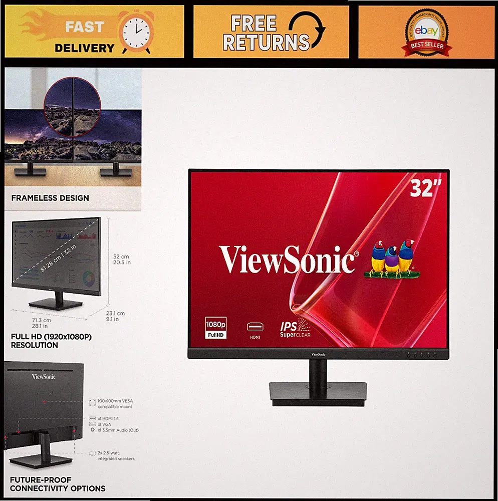 32" Full HD 1080p IPS Computer Monitor, Frameless, HDMI VGA, Dual Speakers, Home