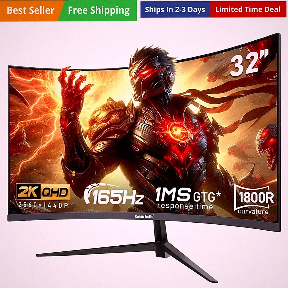 32 inch 2K QHD2560×1440P 165Hz Curved Gaming Monitor,PC Screen, 1ms，FreeSync,...