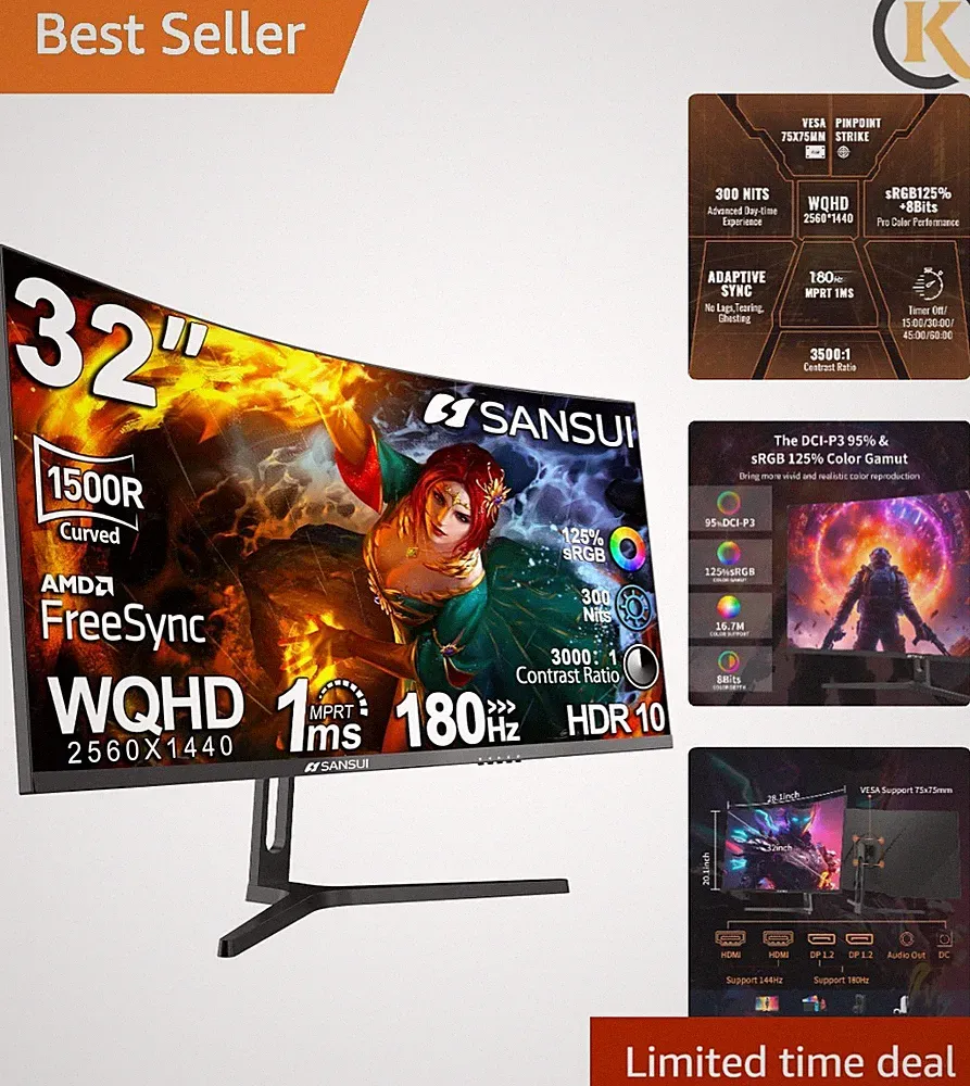 32-Inch Curved Gaming Monitor WQHD 2560 x 1440 180Hz Curved 1500R -1msOD, HDR...