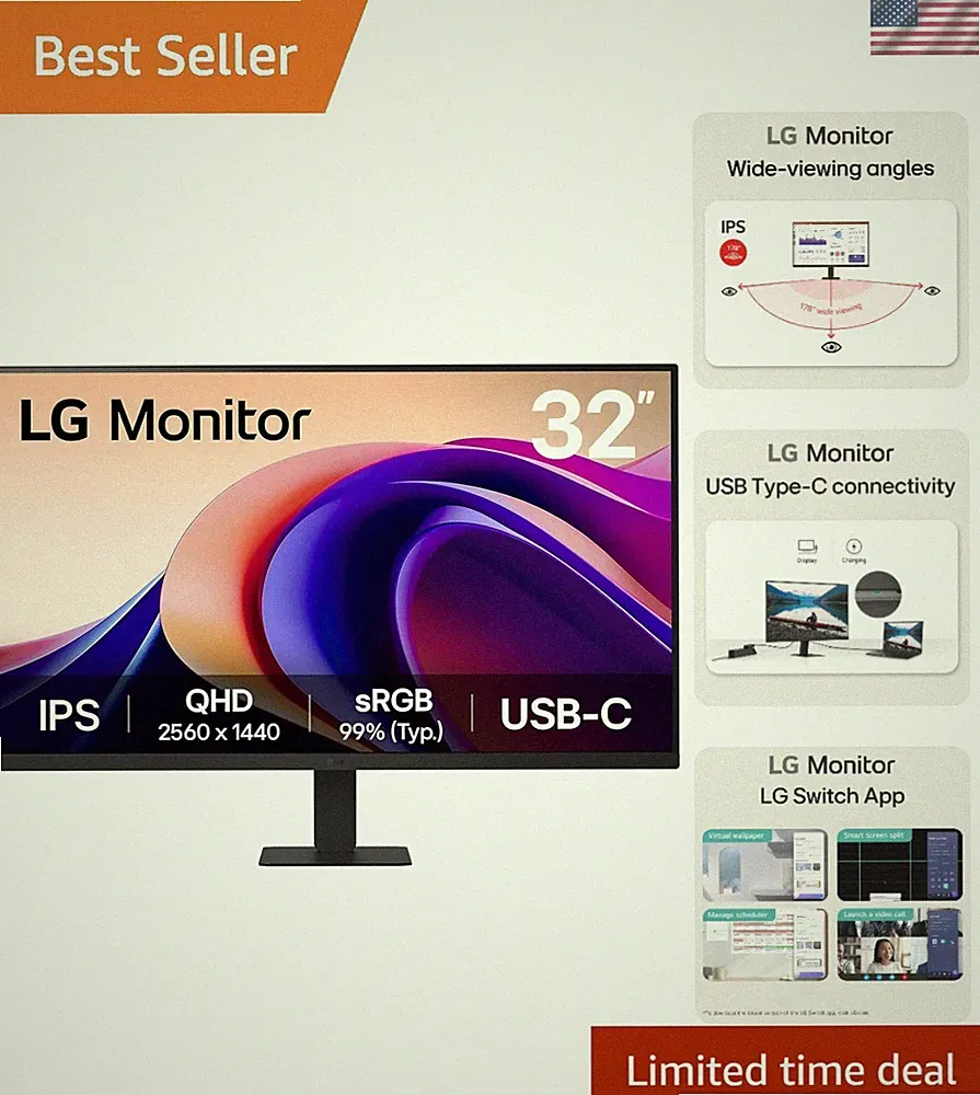 32-inch QHD 2560 x 1440 IPS Computer Monitor, 100Hz, 5ms, , Reader Mode, Flic...