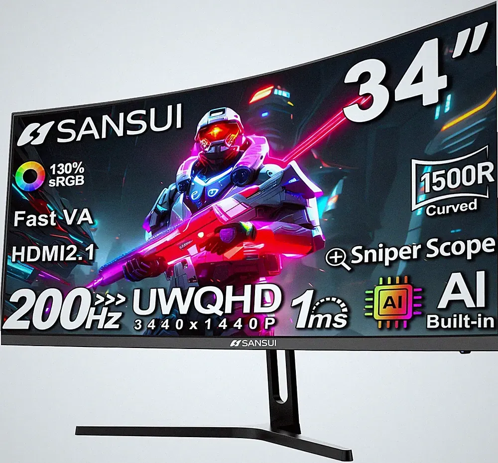 34" Curved Gaming Monitor UWQHD 3440x1440 200Hz 1ms Ultrawide VA HDMI DP