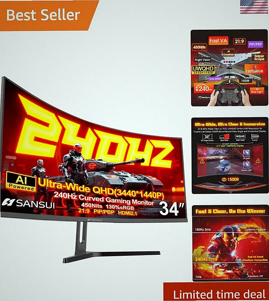 34 Inch 240Hz Ultrawide Curved Gaming Monitor UWQHD 3440×1440, 21:9 2K Curved...