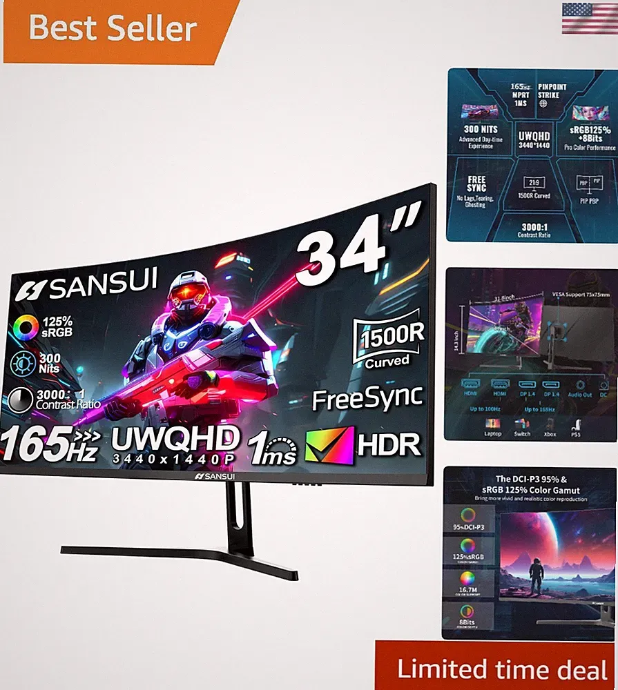 34-Inch Curved Gaming Monitor UWQHD 3440 x 1440 Up to 165Hz Curved 1500R - PI...