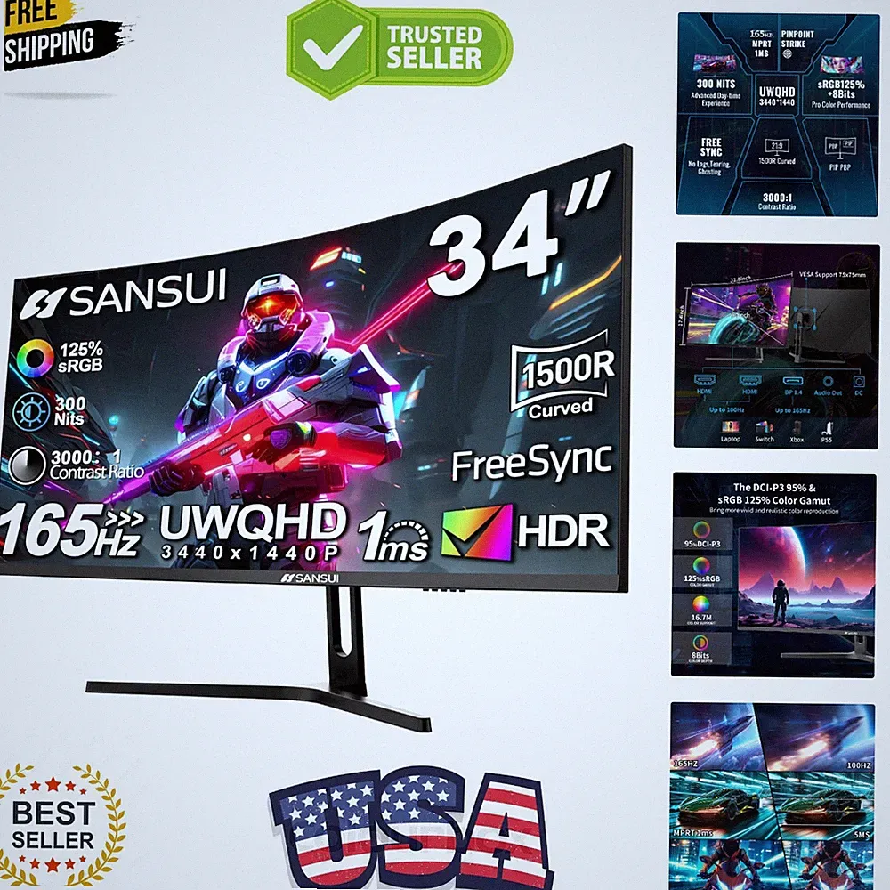 34-Inch Curved Gaming Monitor UWQHD 3440 x 1440 Up to 165Hz Curved 1500R - PI...