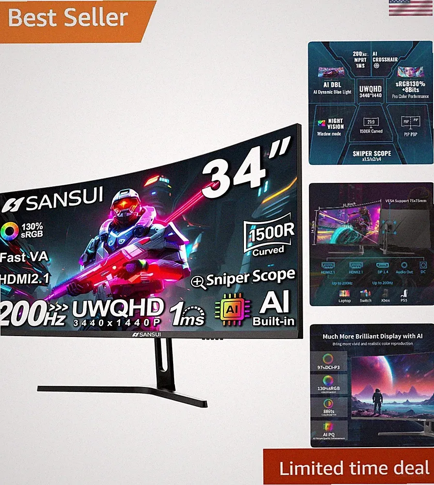 34-Inch Curved Gaming Monitor UWQHD 3440 x 1440P Up to 200Hz 165Hz Curved 150...