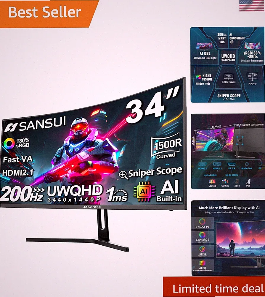 34-Inch Curved Gaming Monitor UWQHD 3440 x 1440P Up to 200Hz 165Hz Curved 150...