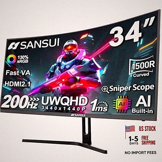 34-Inch Curved Gaming Monitor UWQHD 3440 x 1440P Up to 200Hz Curved 34 Inch