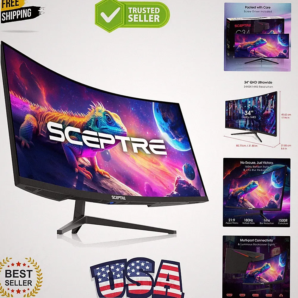34-Inch Curved Ultrawide WQHD Monitor, 3440 x 1440, R1500, Up to 180Hz/165Hz,...
