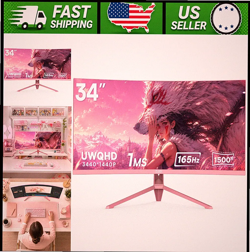 34 Inch Pink Curved Ultrawide Gaming Monitor 165Hz WQHD HDR10 FreeSync
