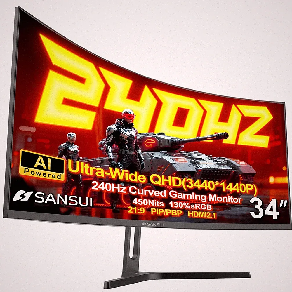 34 Inch Ultrawide Curved Gaming Monitor 240Hz UWQHD 3440x1440 SANSUI HDR400 Fast