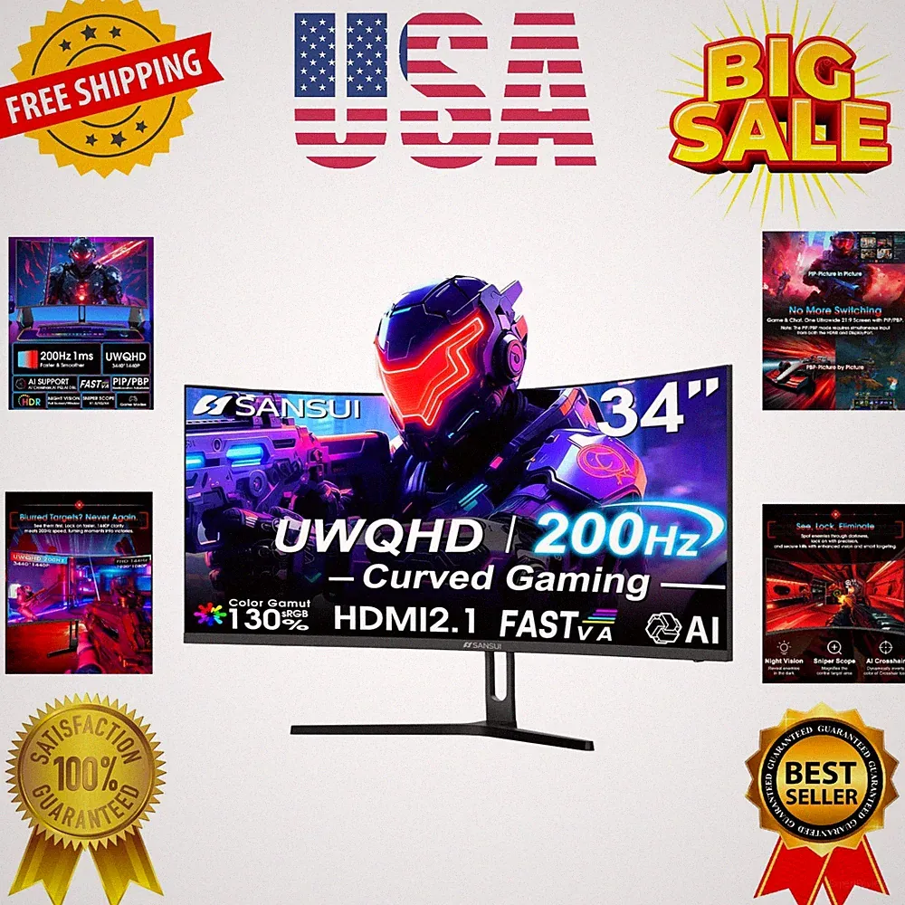 34 Inch UWQHD 200HZ Curved Gaming Monitor, FastVA 3440x1440P Ultrawide 1500R...