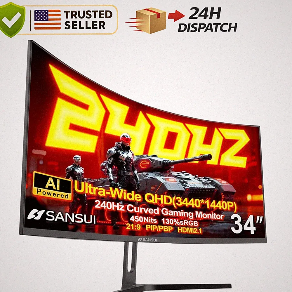 34" SANSUI 240Hz Curved Gaming Monitor UWQHD 3440x1440 1500R HDR400 HDMI 2.1 DP
