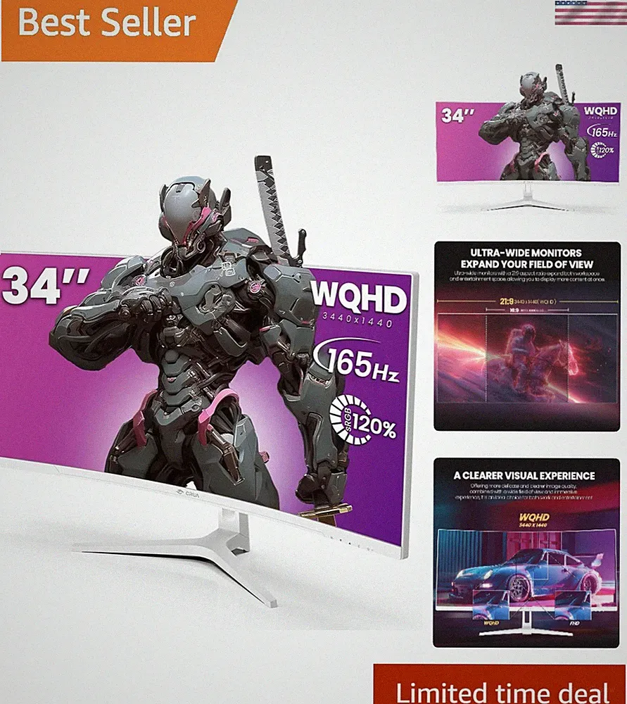 34" UWQHD 165Hz White Curved Gaming Monitor, 21:9 Ultrawide, 1500R VA | 3440x...