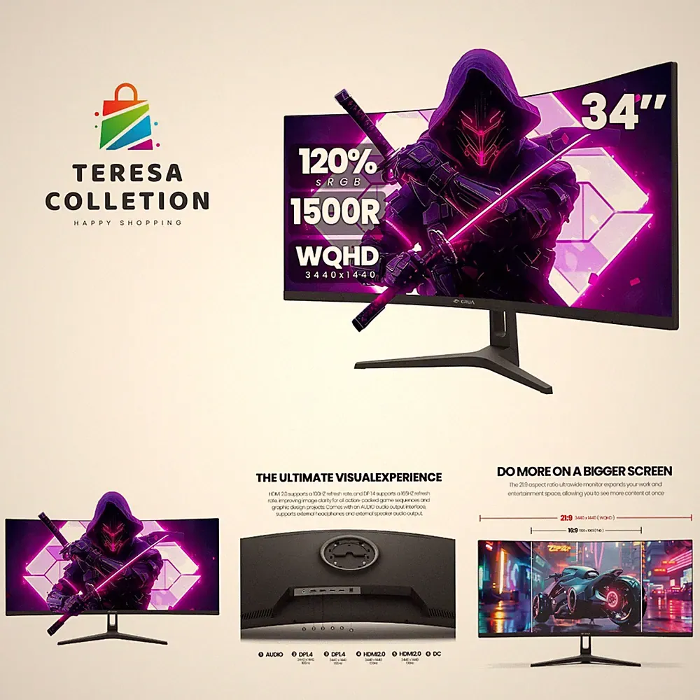 34" WQHD 165Hz Ultrawide Curved Gaming Monitor, 1500R, FreeSync, Black | 21:9...