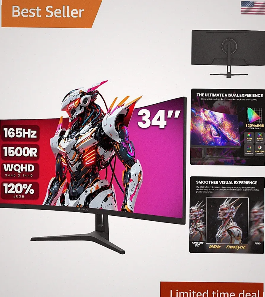 34" WQHD 165Hz Ultrawide Curved Gaming Monitor, 1500R, FreeSync, Black | 3440...