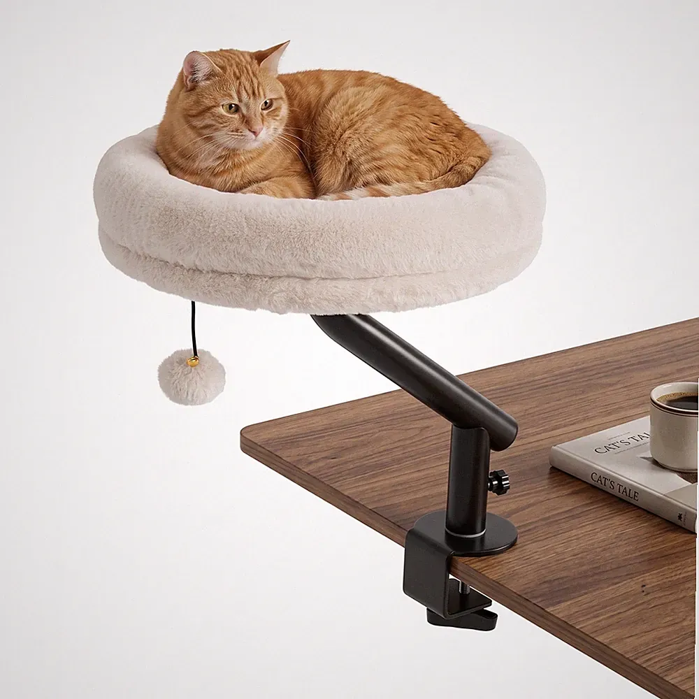 360° Rotating Cat Desk Bed w/Removable Perch, Space-Saving Clamp-On Desk Bed