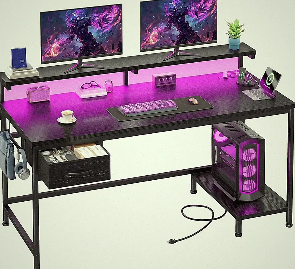 39.3Inch Office Desk with Power Outlet & Drawer, Gaming Desk with CPU Stand& LED