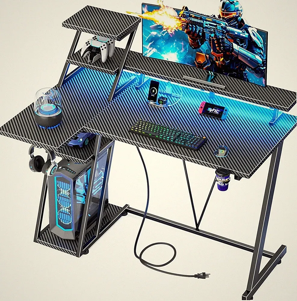 39 Inch Gaming Desk with LED Lights & Power Outlet, Small Gaming Computer Desk