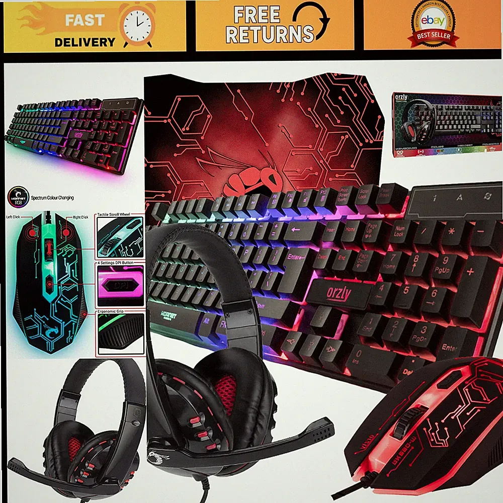 4-in-1 Gaming Keyboard, Mouse, Mouse Pad & Headset Bundle - Wired RGB LED for PC
