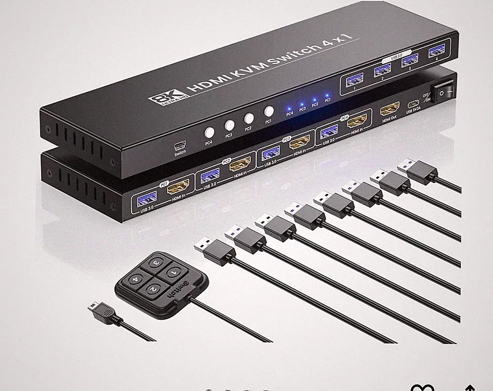 4 Port HDMI KVM Switch 1 Monitor 4 Computers, 8K60Hz 4K120Hz USB 3.0 KVM Swit...