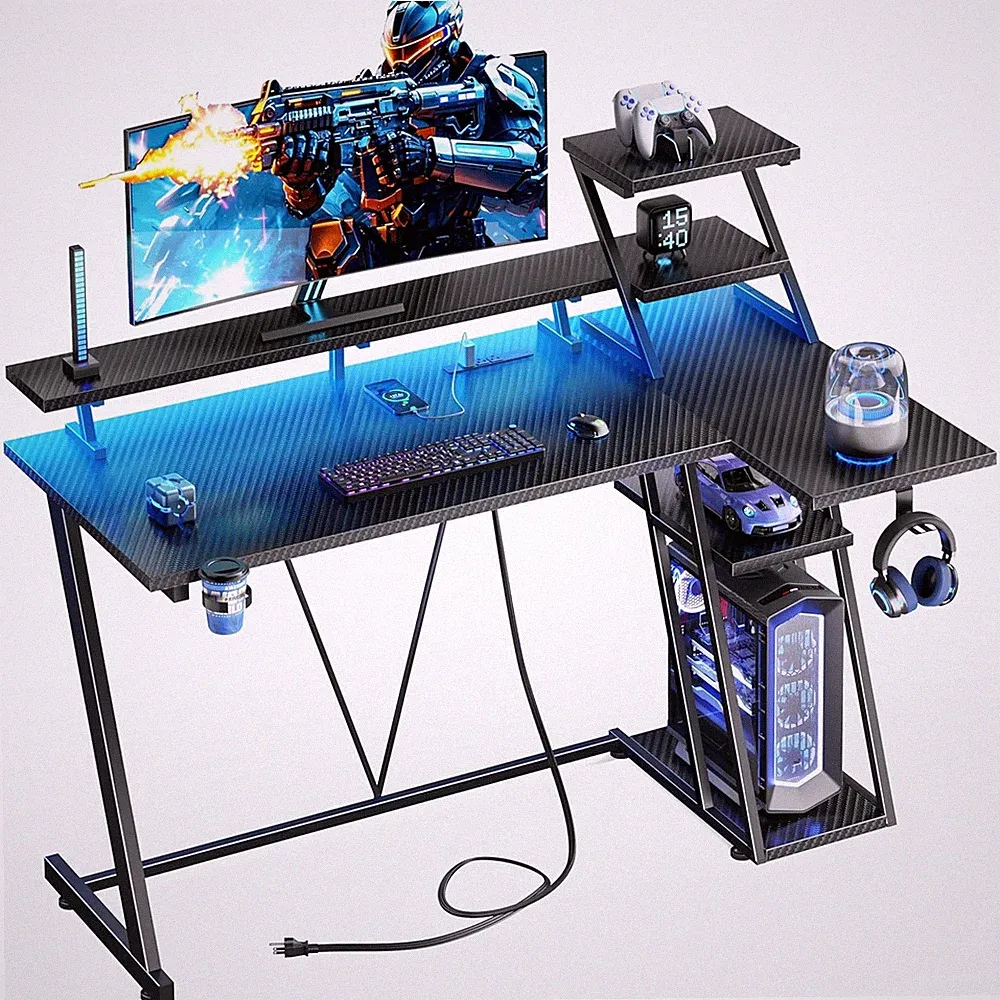 40 Inch Gaming Desk with LED Lights & Power Outlet, L Shaped Computer Gaming