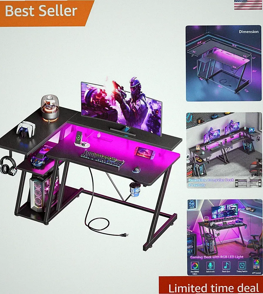 40 Inch Gaming Desk with Power Outlet & LED Lights, L Shaped Computer Gaming...