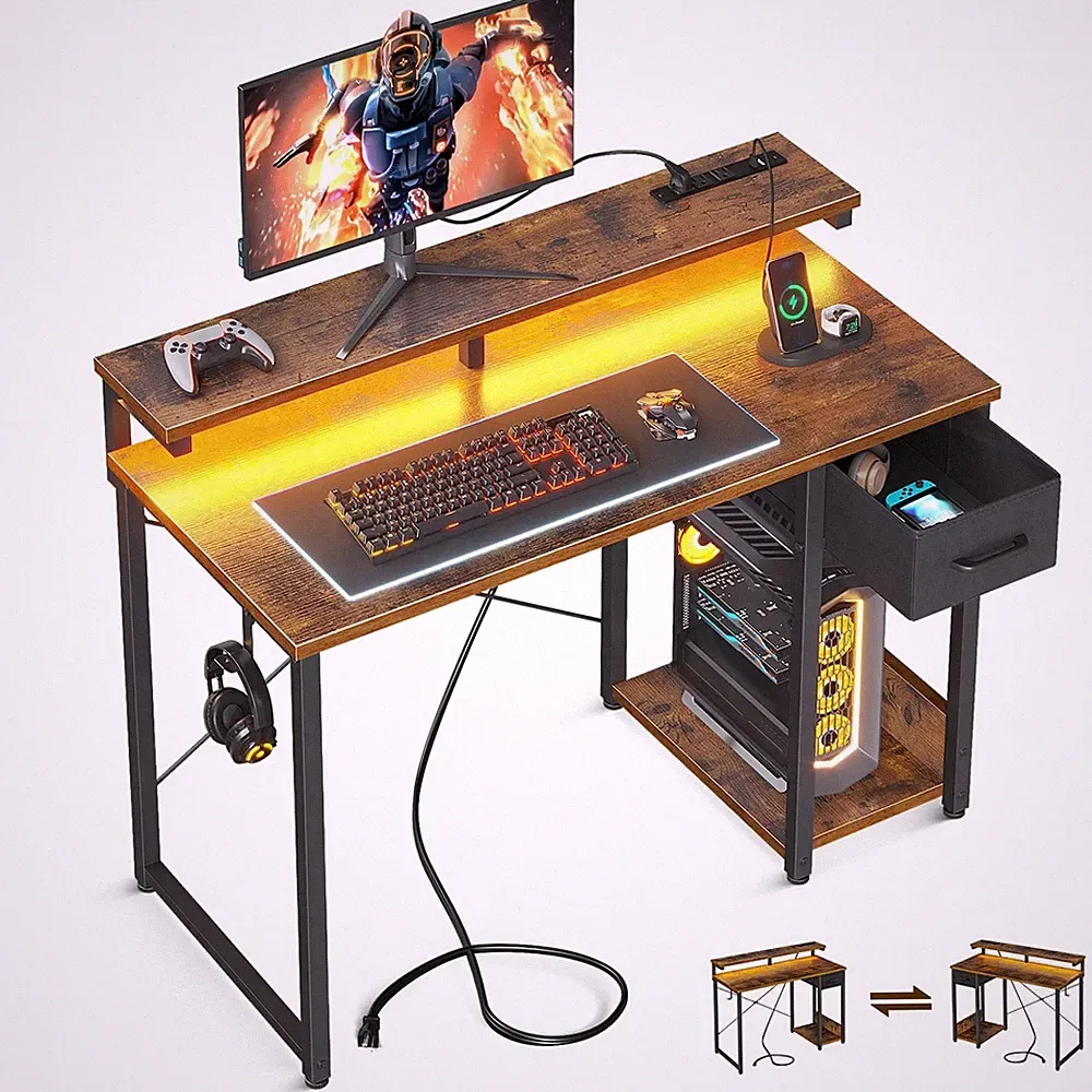 40 Inch Home Office Computer Desk Small Gaming Gesk with LED Lights & Drawers