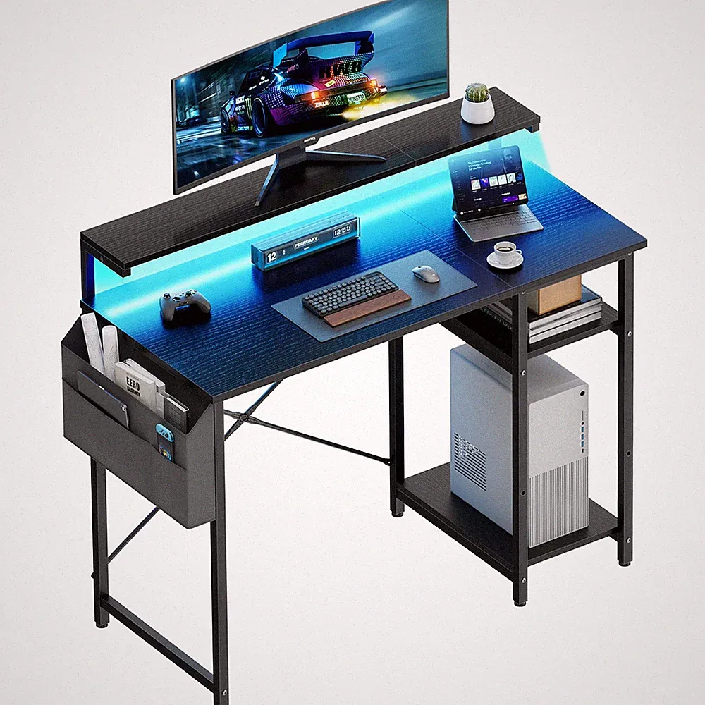 40 inch Home Office Desk with LED Lights & Monitor Stand, Computer Desk