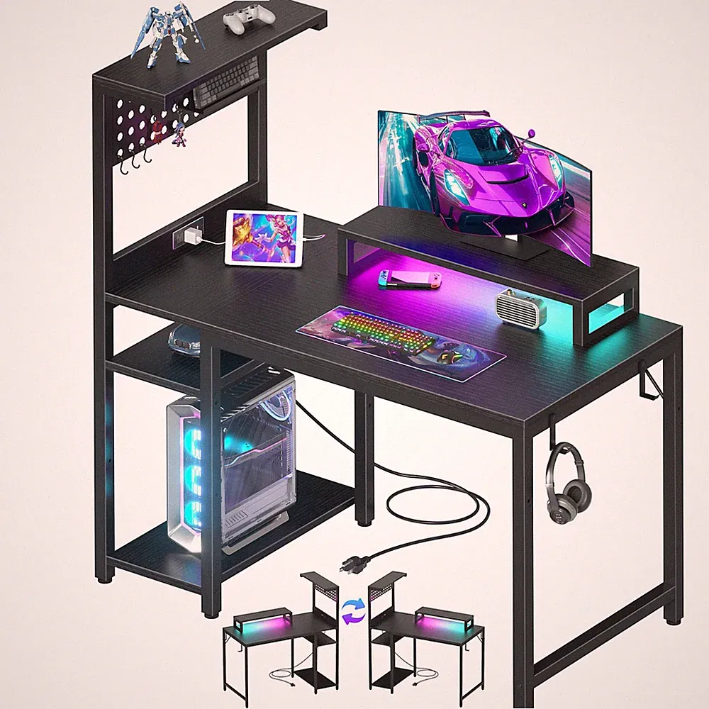 40 inch Small Gaming Desk with Pegboard Shelves Computer Desks with Led Light...