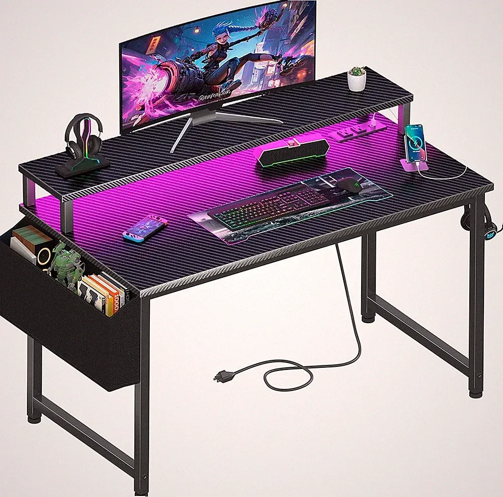 40" LED Gaming Desk with Power Outlets - Black Gamer Table