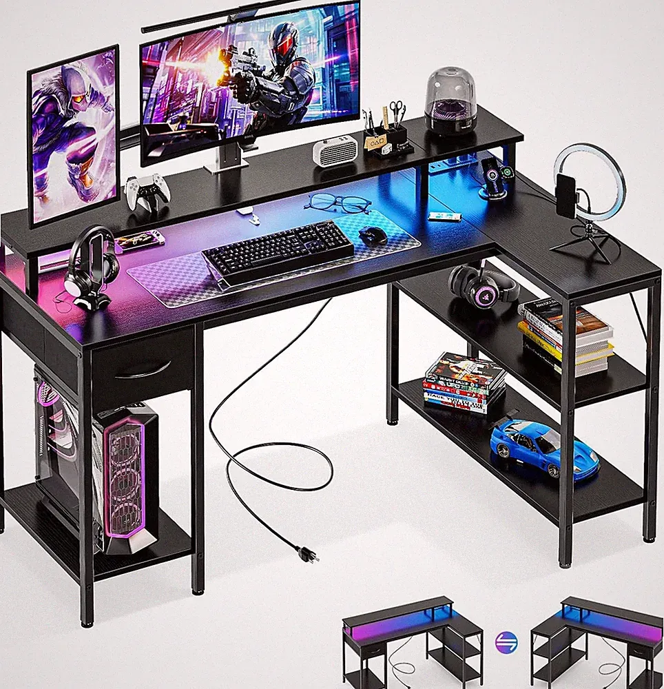 47” 53" L Shaped Gaming Desk with USB Charging Ports&LED Lights Computer Desk
