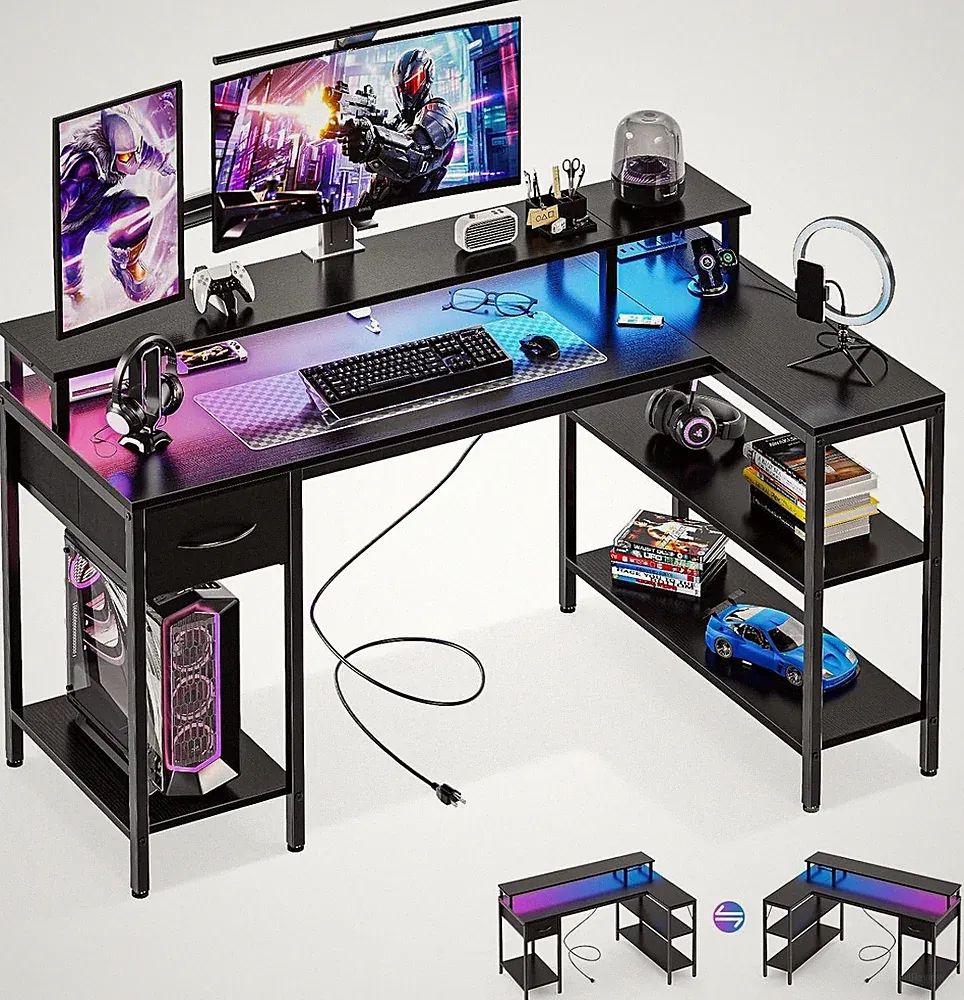 47" 53" L Shaped Gaming Desk with USB Charging Ports & LED Lights Computer Desk